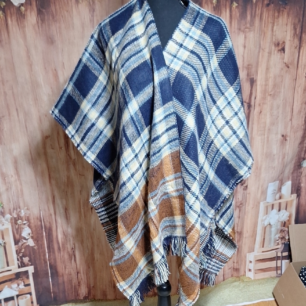 Sonoma Blue and Brown Plaid Poncho